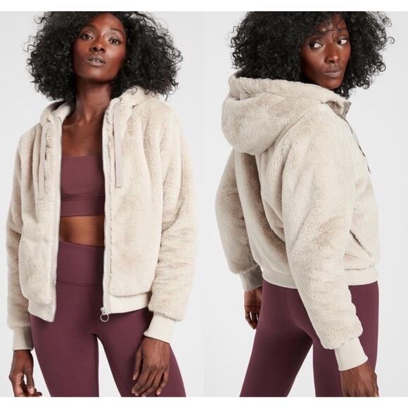 Athleta Faux Fur Jacket Ritual Size Large Cream Champagne Cotton Full Zip - Picture 1 of 14